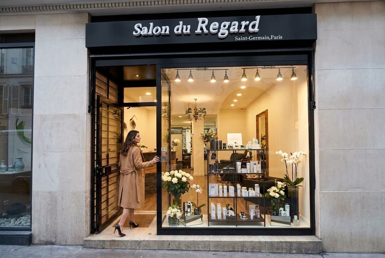 Une cliente entre au salon, rue des Quatre Vents